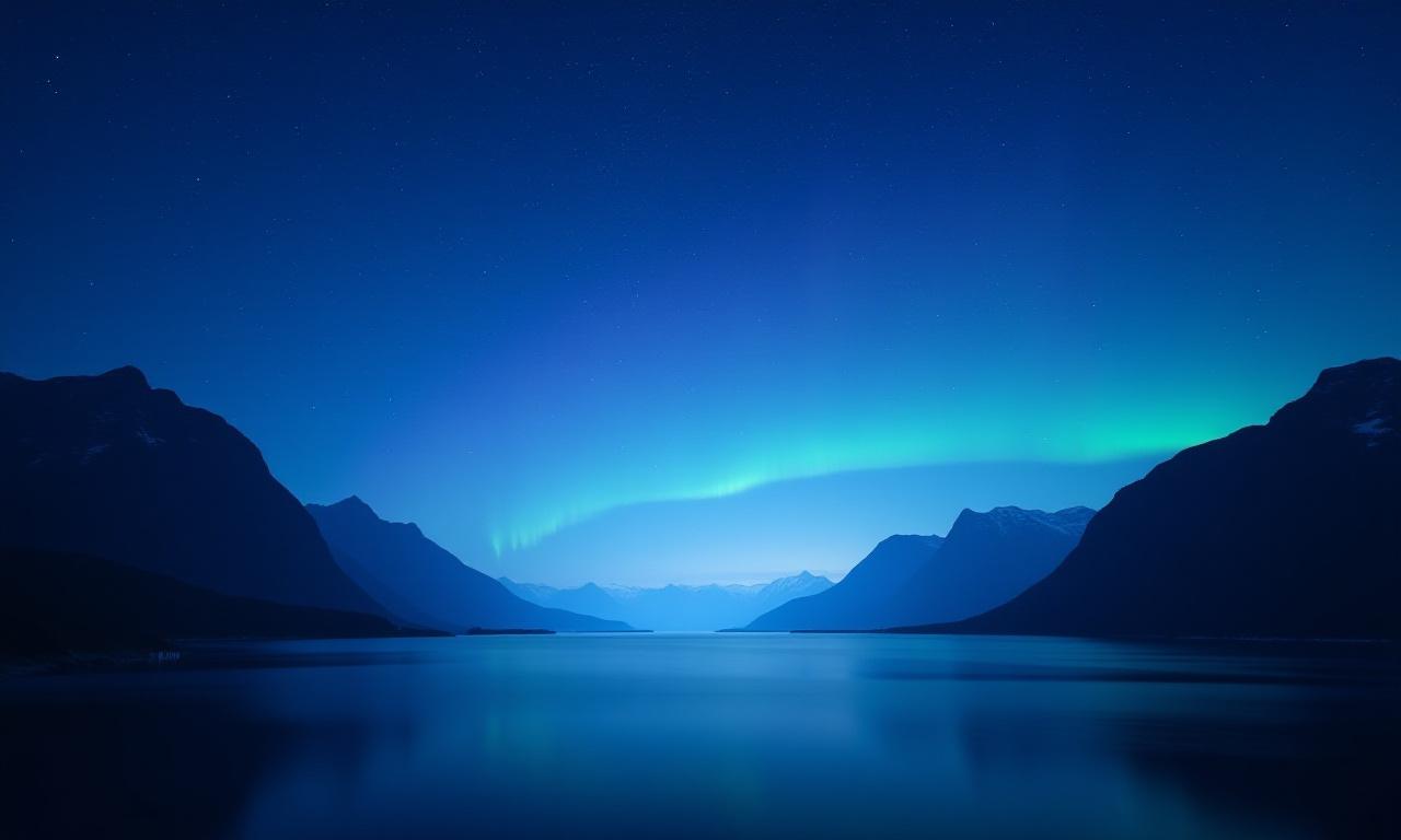 Ein atemberaubender skandinavischer Fjord unter einem sternenklaren Nachthimmel, der Ruhe und Mystik ausstrahlt.